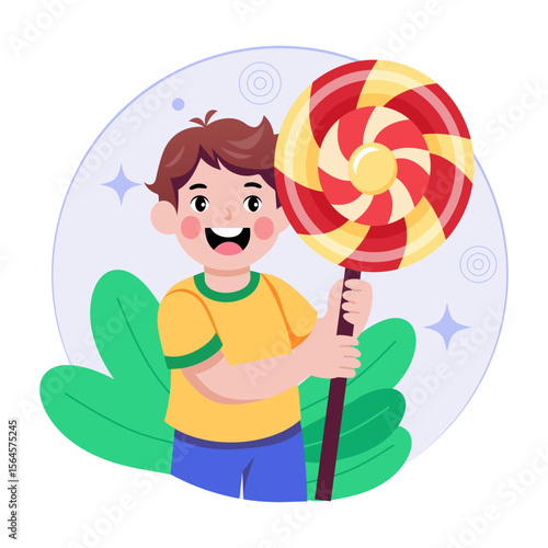 A flat style illustration showing a kid holding candy stick