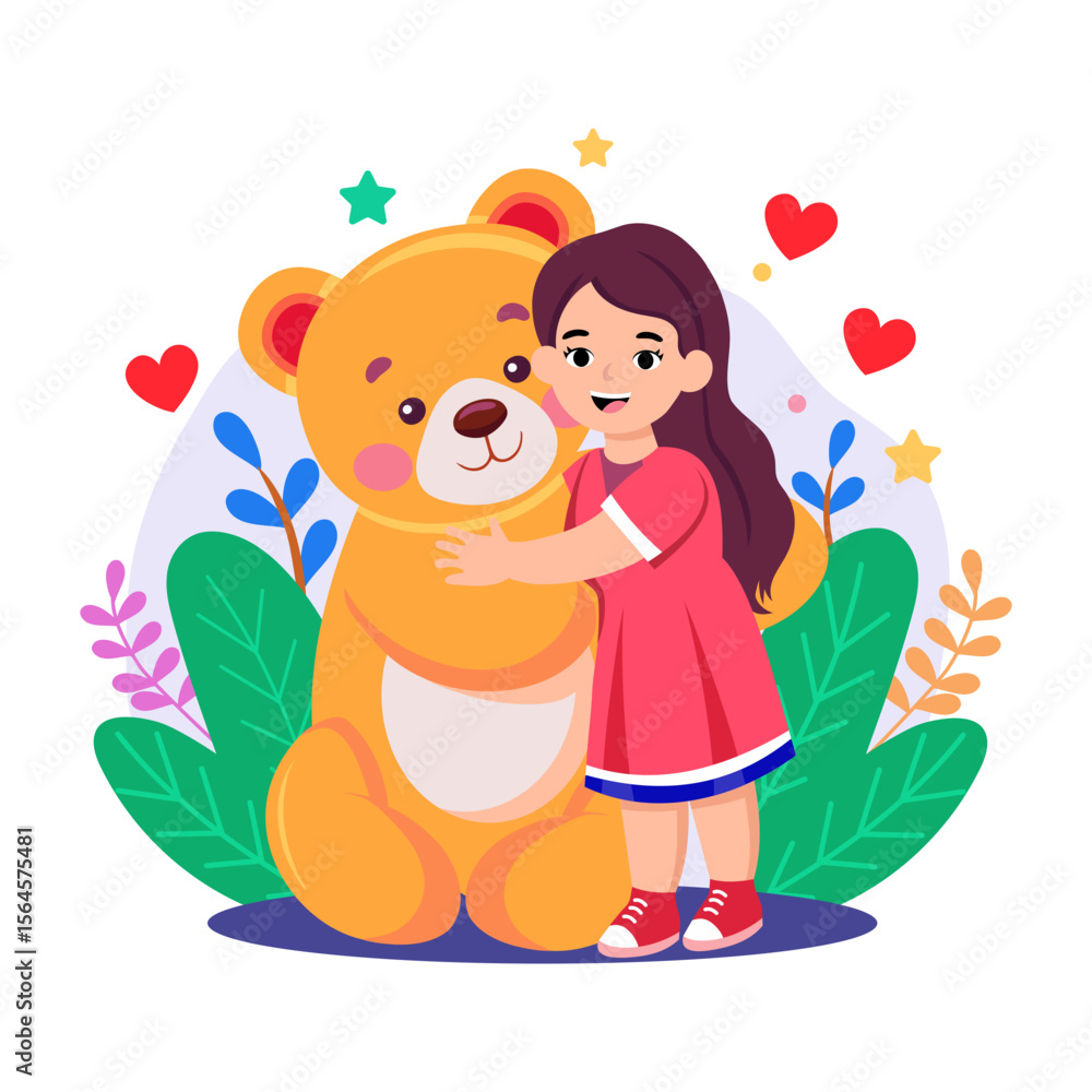 A flat style illustration showing a person hugging toy A flat style illustration showing a person hugging toy