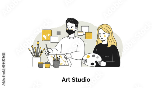A young man and woman, dressed in casual attire, are working in an art studio, engaged in artistic activities. A man and a woman, artists, are focused on creating art in their shared studio space.