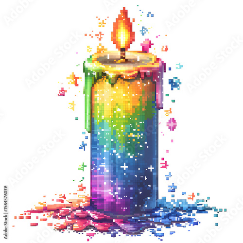 Pixel-Style Rainbow Candle with Melting Wax Isolated on Transparent or White Background, PNG