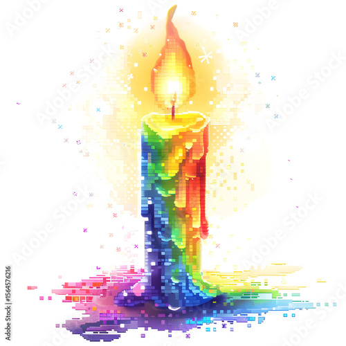 Retro Pixelated Rainbow Candle Melting Vibrant Wax Surr Isolated on Transparent or White Background, PNG