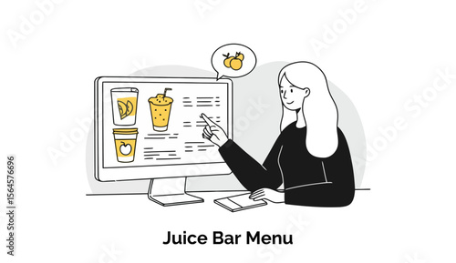 Young woman reviewing juice bar menu online at computer. Female customer browsing digital menu in casual setting.