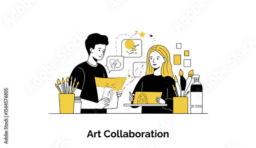 A group of creative young adult artists are collaborating on a large-scale painting, sharing ideas and applying colorful paints to a canvas in their shared art studio.