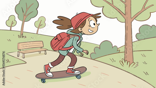 Girl with red backpack and cap skateboarding in a park with trees and a bench on a sunny day scene