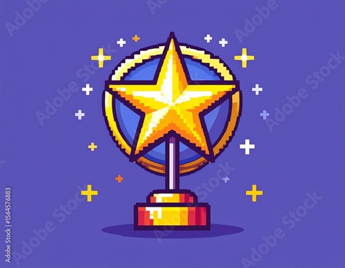 A pixelated gold star trophy with a blue background, celebrating achievement.