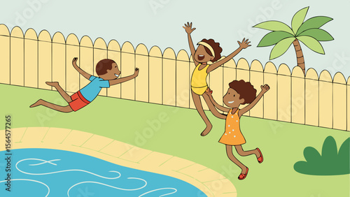 Cartoon illustration of children playing near a swimming pool with a fence and palm tree in the background