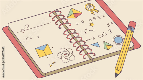 Illustration of an open notebook with mathematical equations and shapes and a yellow pencil on the side