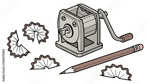 Illustration of a pencil sharpener with a pencil and shavings on a white background surface view