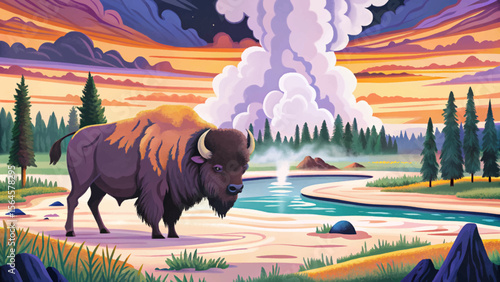 wildlife moments in Yellowstone National Park featuring majestic bison roaming open meadows, dramatic geyser eruptions, and vast landscapes teeming with natural wonder and beauty