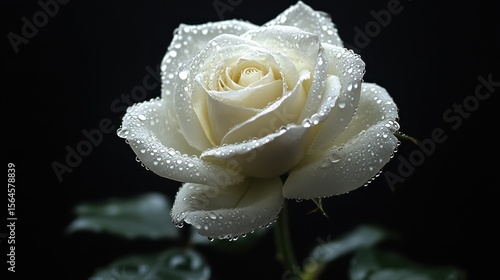 Fototapeta Naklejka Na Ścianę i Meble -  Elegant white rose covered in water droplets against dark background. This photo can be used to express love, purity, or condolences.