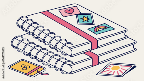 Stacked spiral notebooks with stickers and pink ribbon and cards on a light background art style