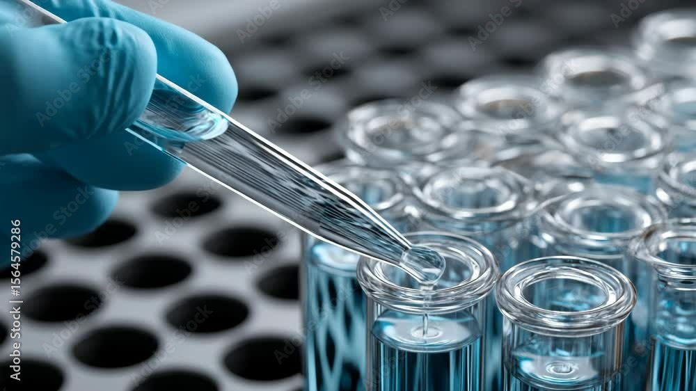 Liquid dropper with blue liquid and test tube laboratory gloved hand transferring liquid with precision for scientific test