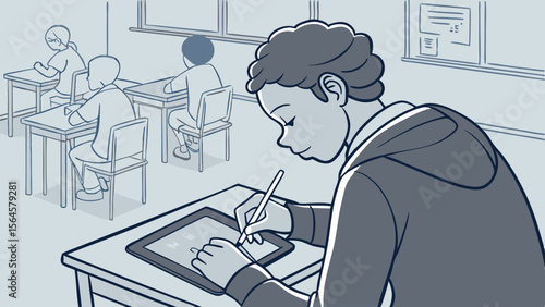 Student using tablet with stylus in classroom with other students at desks during lesson time view