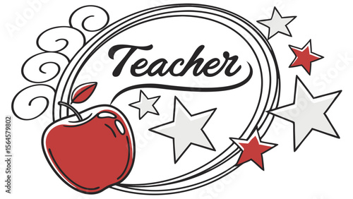 Illustration of an apple and stars with the word teacher inside a decorative oval frame design element