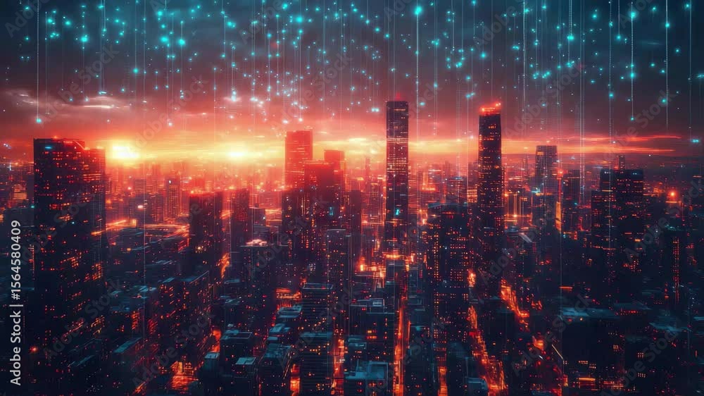 A futuristic city skyline glows with vibrant lights and digital data streams at sunset, creating a dynamic and energetic urban landscape A futuristic city skyline glows with vibrant lights and digital data streams at sunset, creating a dynamic and energetic urban landscape