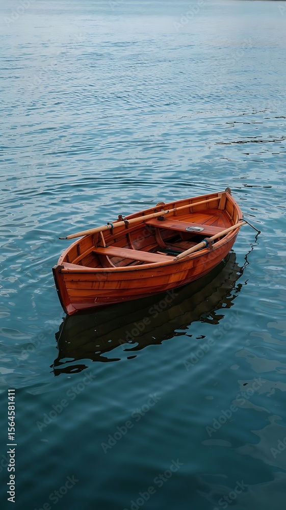 Minimalist Aerial View of Red Wooden Rowboat Floating in Calm Deep Blue Water with Gentle Ripples Minimalist Aerial View of Red Wooden Rowboat Floating in Calm Deep Blue Water with Gentle Ripples
