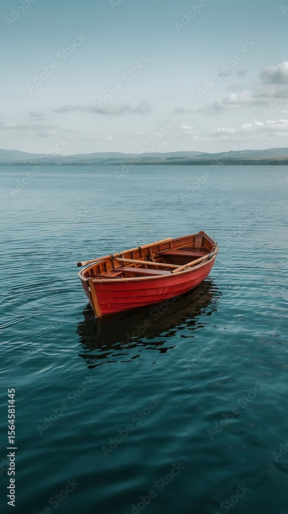 Naklejka premium Minimalist Aerial View of Red Wooden Rowboat Floating in Calm Deep Blue Water with Gentle Ripples