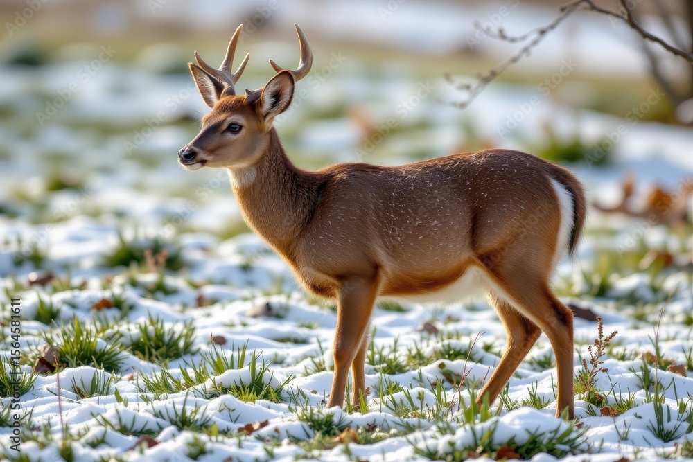 Fototapeta premium a deer shedding its winter coat as green grass replaces snow, nature preparing for a season of growth.