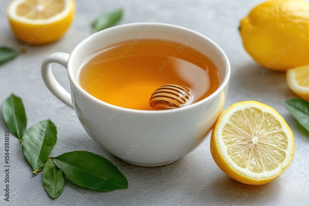 Relaxing hot tea served with lemon slices and honey spoon Relaxing hot tea served with lemon slices and honey spoon