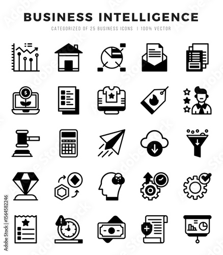 Business Intelligence Icons Pack Lineal Filled Style. Vector illustration.