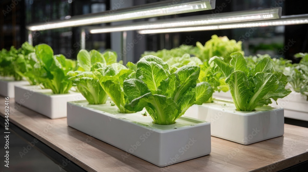 Lettuce Plants in Hydroponic System Under Grow Lights Lettuce Plants in Hydroponic System Under Grow Lights