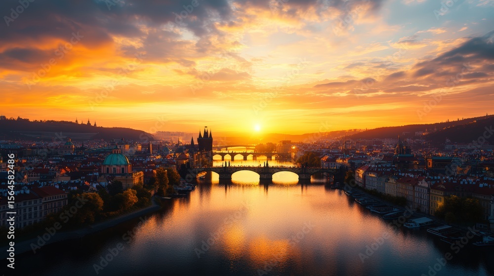 Fototapeta premium Stunning aerial view of a city skyline at sunset over a river with historic bridges and vibrant sky scene
