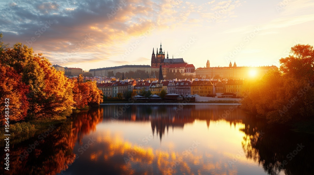 Obraz premium Scenic sunset over historic city skyline with castle and river surrounded by autumn foliage landscape