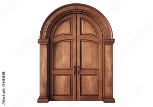Elegant arched double wooden door isolated on black background illustration