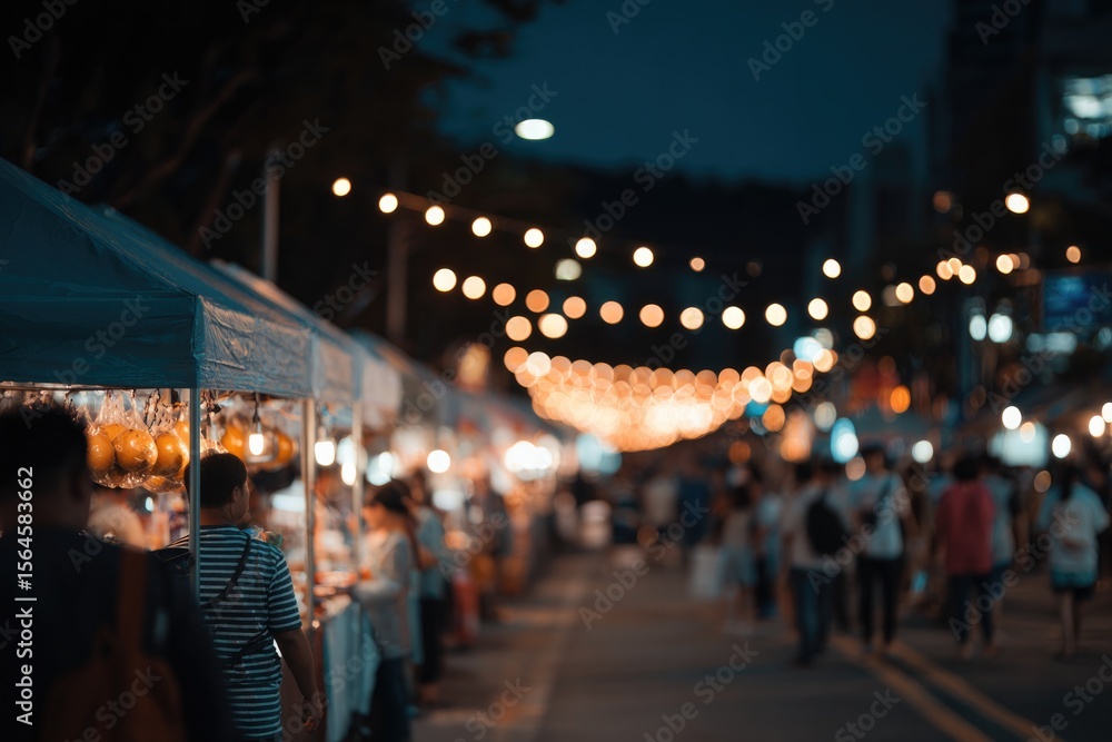 Obraz premium Vibrant night market bustling with people, decorated stalls, and