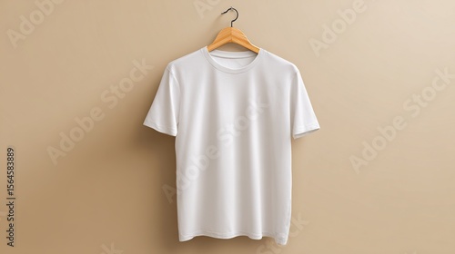 Clean minimalist product mockup with a blank white tshirt hanging on a wooden hanger against a neutral background. High quality