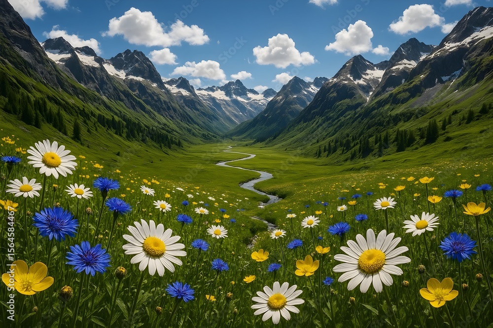 Obraz premium Serene mountain valley vista featuring vibrant wildflowers, a meandering stream, and snow-capped peaks under a clear blue sky.