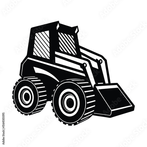 Detailed black and white skid steer loader silhouette vector illustration