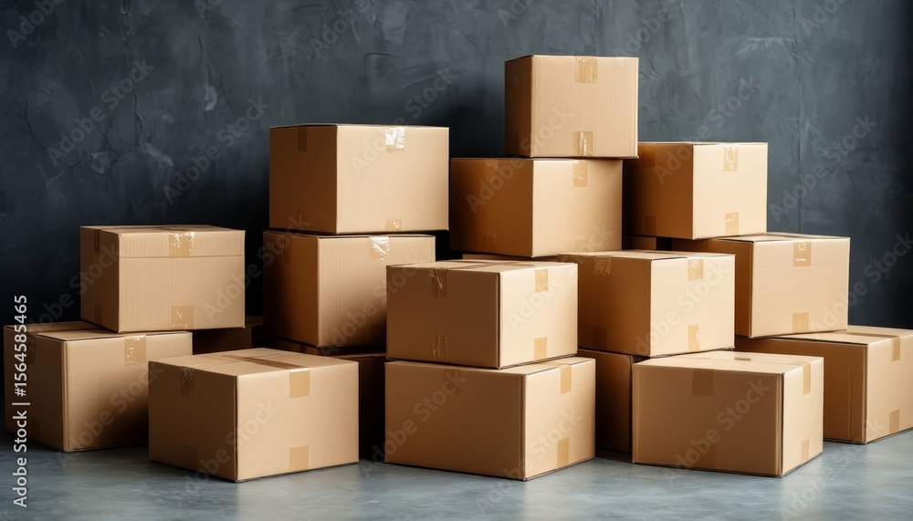 Fototapeta premium Cardboard boxes taped shut, stacked neatly on concrete floor near dark wall, representing storage, shipping, and relocation logistics