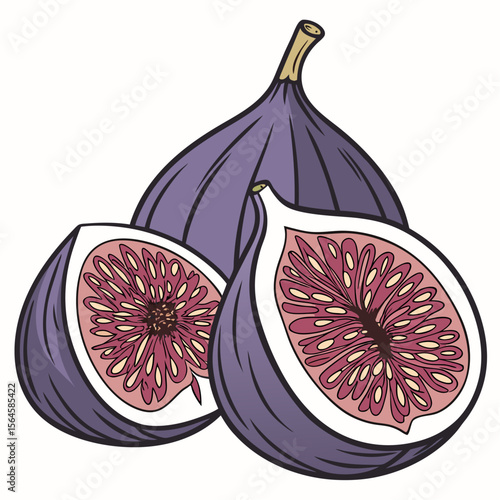 Fresh, ripe purple figs, halved and whole, isolated on a white background