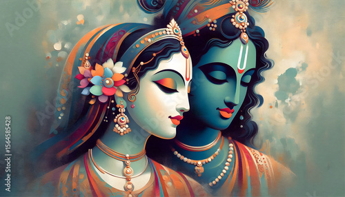 Radha Krishna's Divine Embrace A Colorful Depiction of Love and Devotion