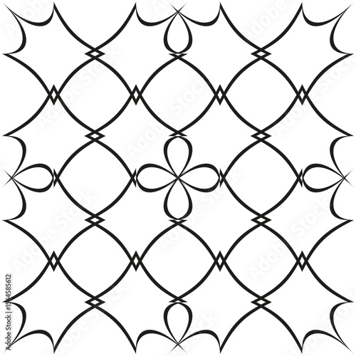 Elegant trellis pattern. Black curved lattice. Thin Vector outline. Seamless white tile.