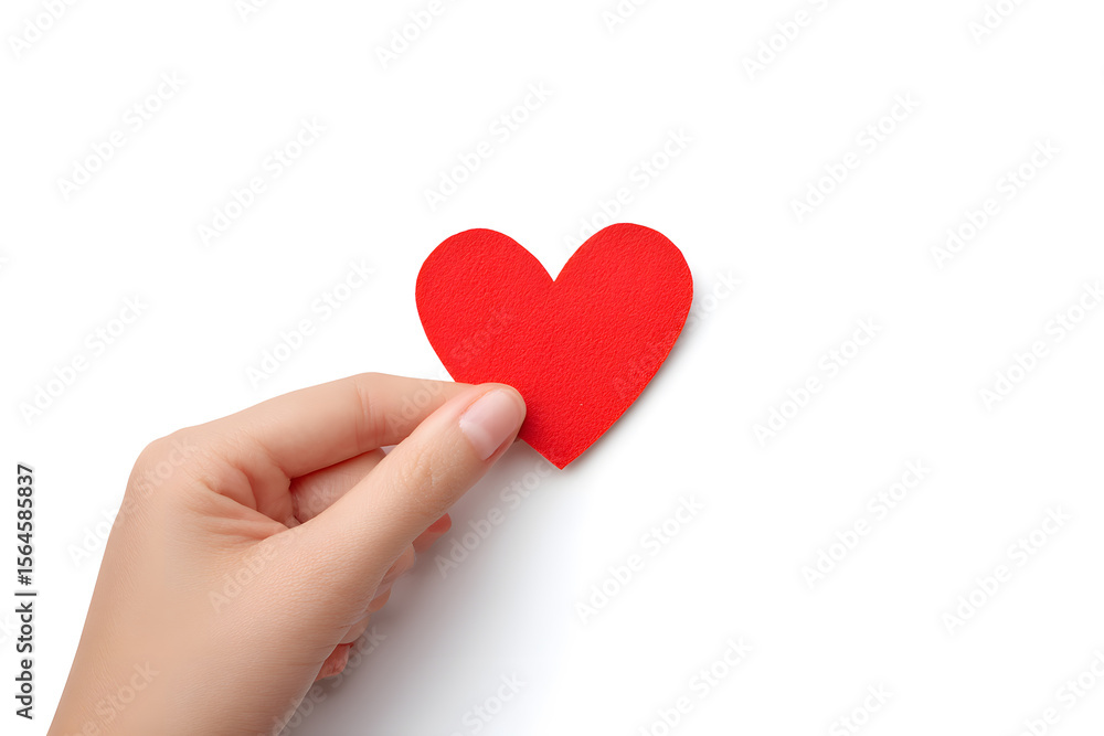 A hand holding a red paper heart on a white background. Symbolizes love, charity, kindness, and emotional connection. Ideal for Valentine's Day, romantic visuals, or wellness content. A hand holding a red paper heart on a white background. Symbolizes love, charity, kindness, and emotional connection. Ideal for Valentine's Day, romantic visuals, or wellness content.