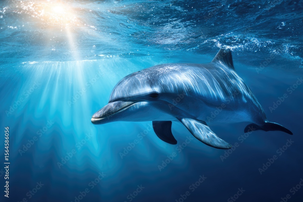 Fototapeta premium Graceful dolphin swimming underwater, bathed in sunlight.