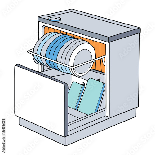 An open dishwasher reveals spotless, neatly arranged dishes drying inside, showcasing a clean, organized kitchen moment after an efficient wash cycle.
