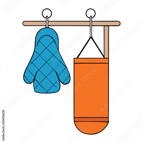 A cozy kitchen scene with an oven mitt and potholder hanging neatly on a rack, ready to protect hands from hot dishes and bring warmth to cooking moments.
