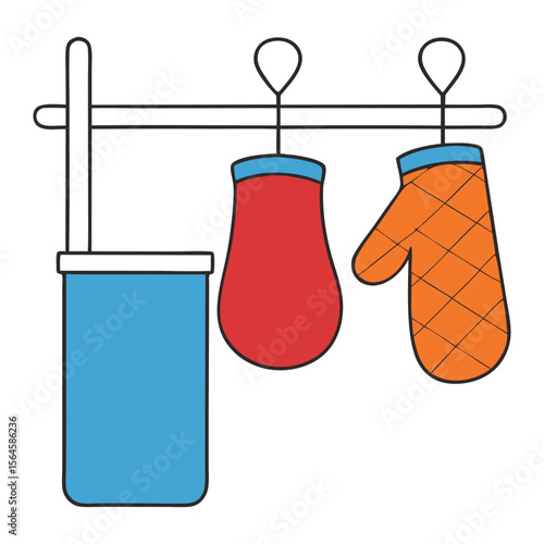 A cozy kitchen scene with an oven mitt and potholder hanging neatly on a rack, ready to protect hands from hot dishes and bring warmth to cooking moments.
