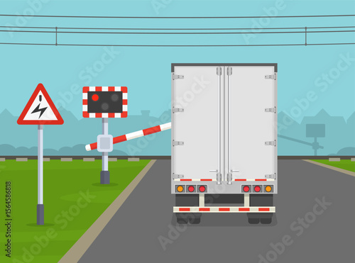 Traffic regulation rules and tips. British "overhead cables" road sign area. Back view of a goods vehicle approaching the level crossing with barrier. Flat vector illustration template.