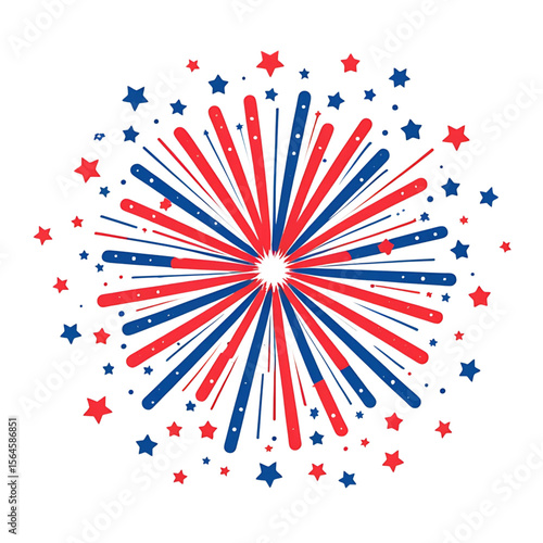 Exploding red and blue fireworks with stars on black background. Festival, fun,sparkler, celebration