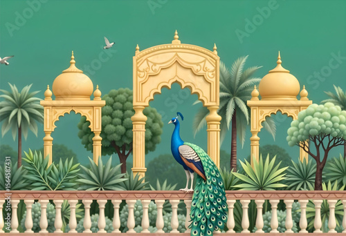 Rajasthani Mughal Jungle Vector – Peacock, Ornate Arch, and Emperor’s Palace in Exotic Garden Landscape, Heritage Wallpaper Art for Invites and Decor