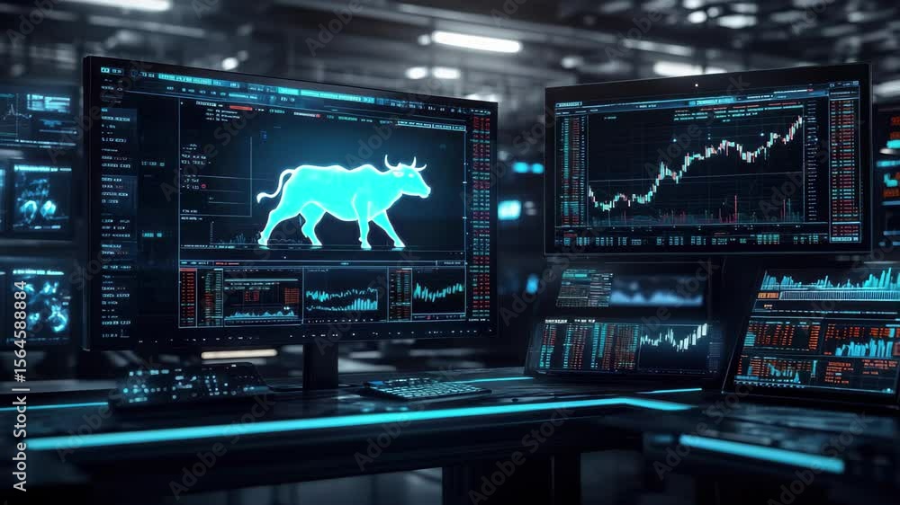 A glowing blue bull market symbol displayed on a large computer screen surrounded by financial data charts in a modern trading office A glowing blue bull market symbol displayed on a large computer screen surrounded by financial data charts in a modern trading office