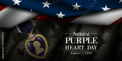 August 7, 2025 is National Purple Heart Day. Purple heart medal, american flag and fabric army. Great for posters, banners, and social media. Dark background.
