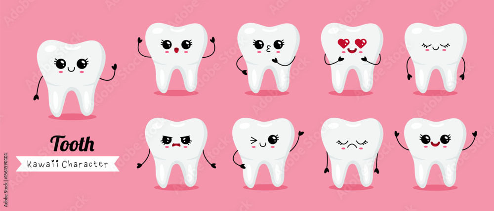 Obraz premium Set of kawaii cartoon tooth characters
