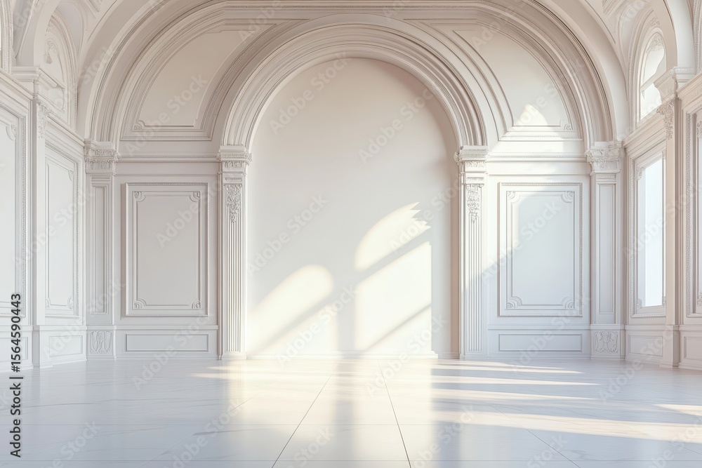 Fototapeta premium Elegant white room with arches, panels, and bright sunlight streaming in. Use this beautiful space to showcase art, design or any creative concept.