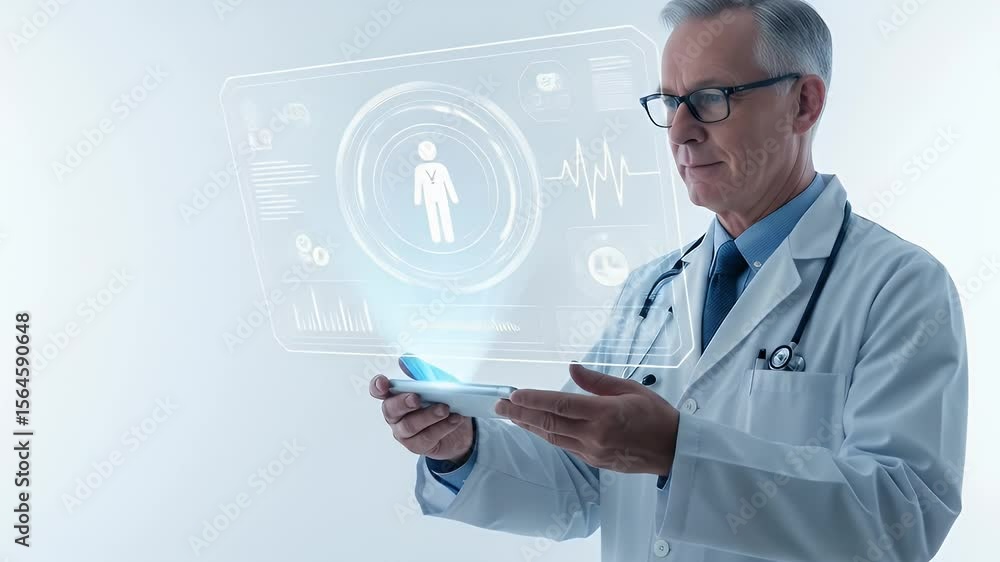 A doctor uses a futuristic holographic interface displaying a human icon and health data A doctor uses a futuristic holographic interface displaying a human icon and health data