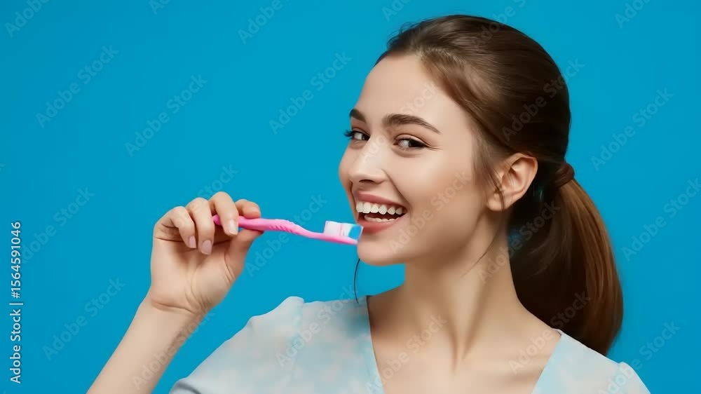 Woman brushing her teeth against a blue background. Woman brushing her teeth against a blue background.